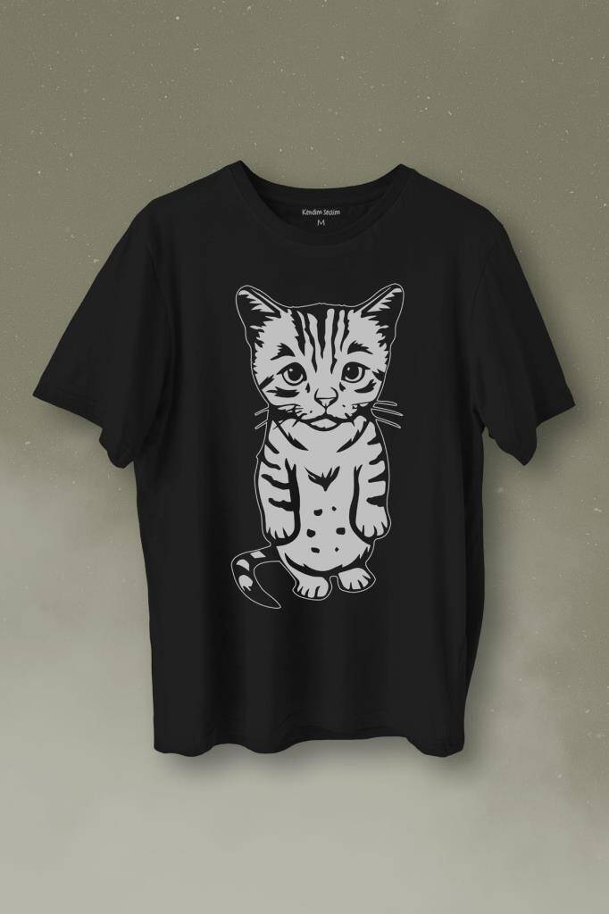 Sevimli Minik Patili Bıyıklı Cat Minnoş Mahçup Üzgün Kedi Baskılı Siyah Tişört Unisex