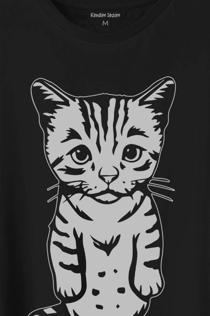 Sevimli Minik Patili Bıyıklı Cat Minnoş Mahçup Üzgün Kedi Baskılı Siyah Tişört Unisex (1)