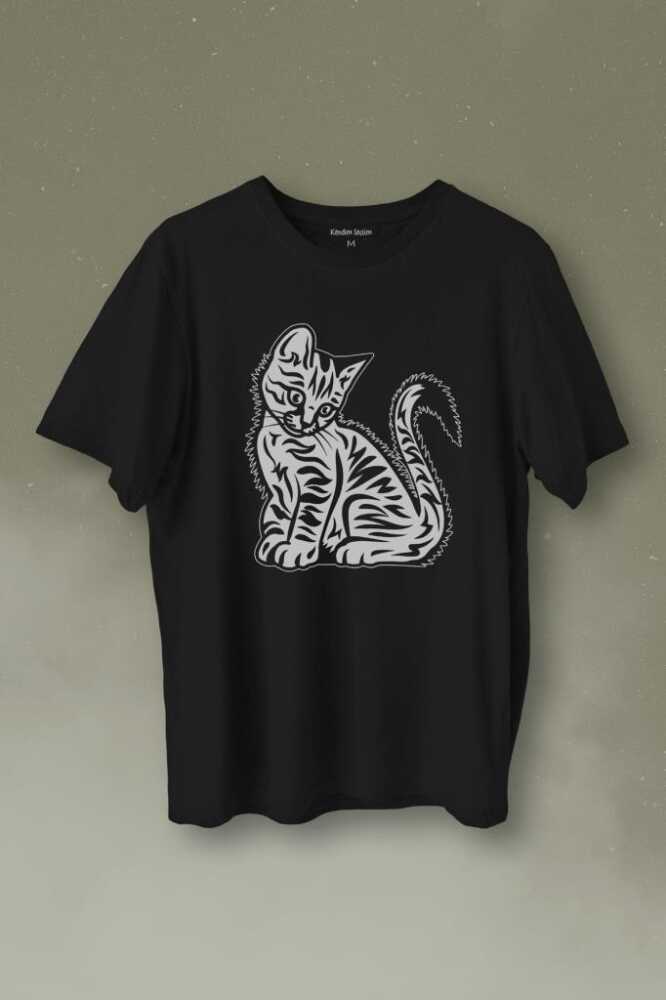 Mahçup Üzgün Kedi Sevimli Minik Patili Bıyıklı Cat Minnoş Baskılı Siyah Tişört Unisex