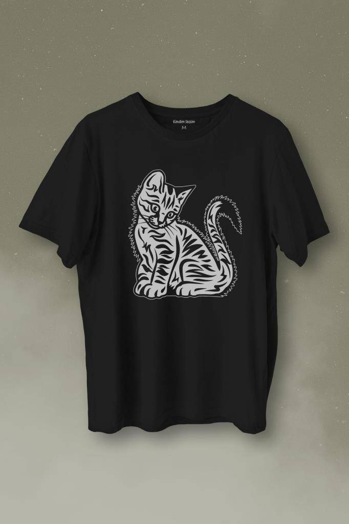 Mahçup Üzgün Kedi Sevimli Minik Patili Bıyıklı Cat Minnoş Baskılı Siyah Tişört Unisex