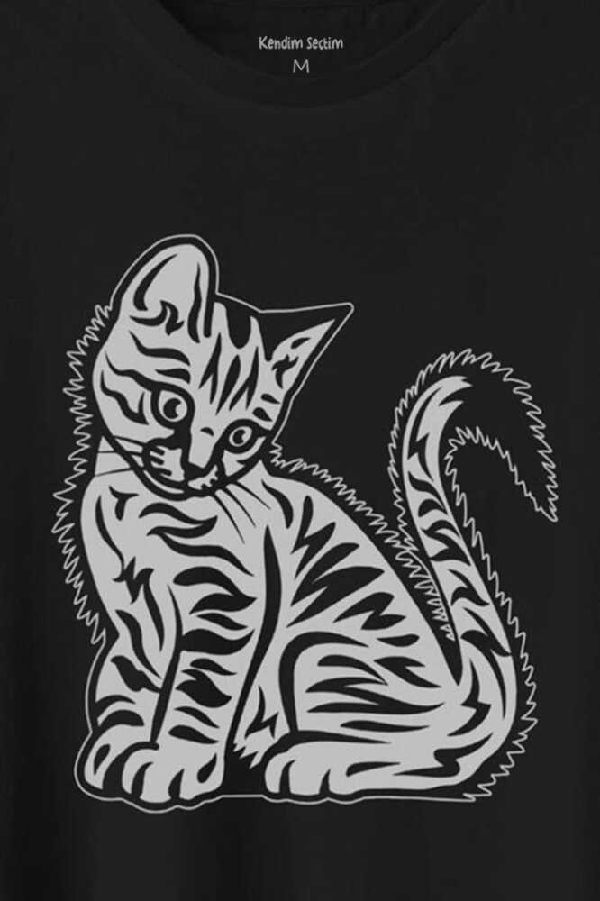 Mahçup Üzgün Kedi Sevimli Minik Patili Bıyıklı Cat Minnoş Baskılı Siyah Tişört Unisex (1)