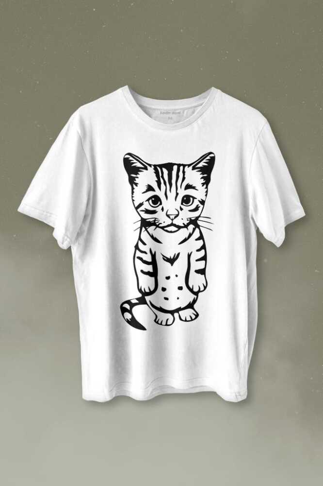Sevimli Minik Patili Bıyıklı Cat Minnoş Mahçup Üzgün Kedi Baskılı Beyaz Tişört Unisex