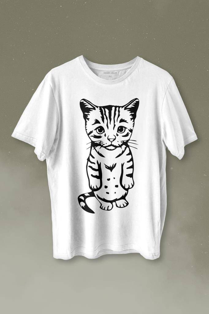 Sevimli Minik Patili Bıyıklı Cat Minnoş Mahçup Üzgün Kedi Baskılı Beyaz Tişört Unisex
