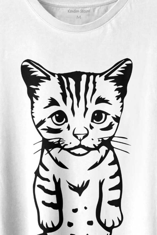 Sevimli Minik Patili Bıyıklı Cat Minnoş Mahçup Üzgün Kedi Baskılı Beyaz Tişört Unisex (1)