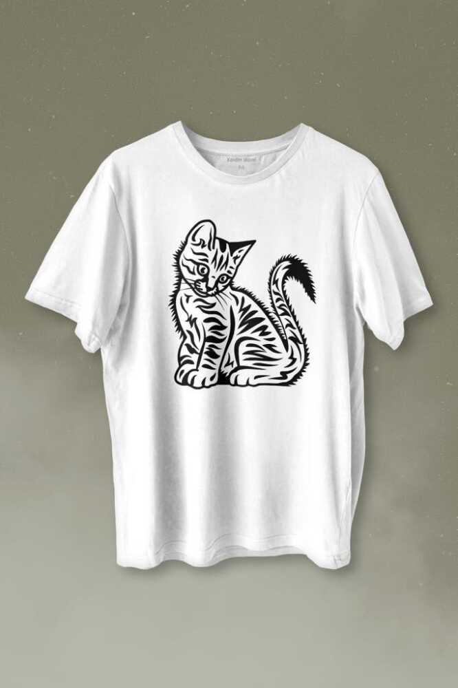 Mahçup Üzgün Kedi Sevimli Minik Patili Bıyıklı Cat Minnoş Baskılı Beyaz Tişört Unisex