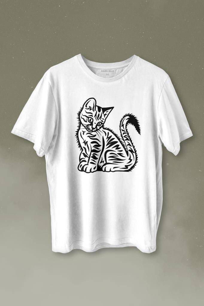 Mahçup Üzgün Kedi Sevimli Minik Patili Bıyıklı Cat Minnoş Baskılı Beyaz Tişört Unisex