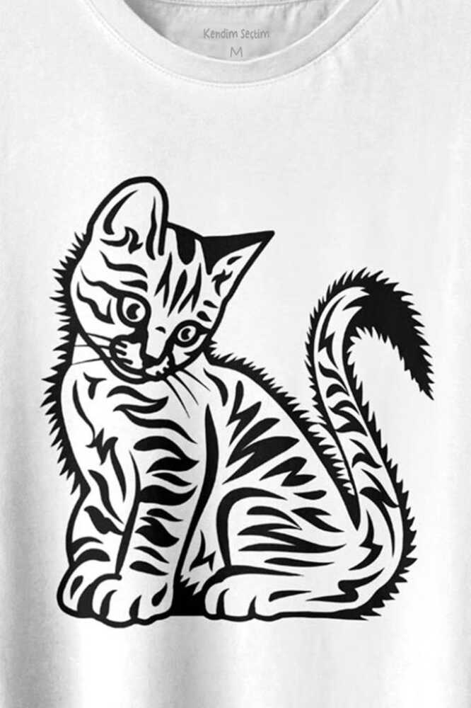 Mahçup Üzgün Kedi Sevimli Minik Patili Bıyıklı Cat Minnoş Baskılı Beyaz Tişört Unisex (1)