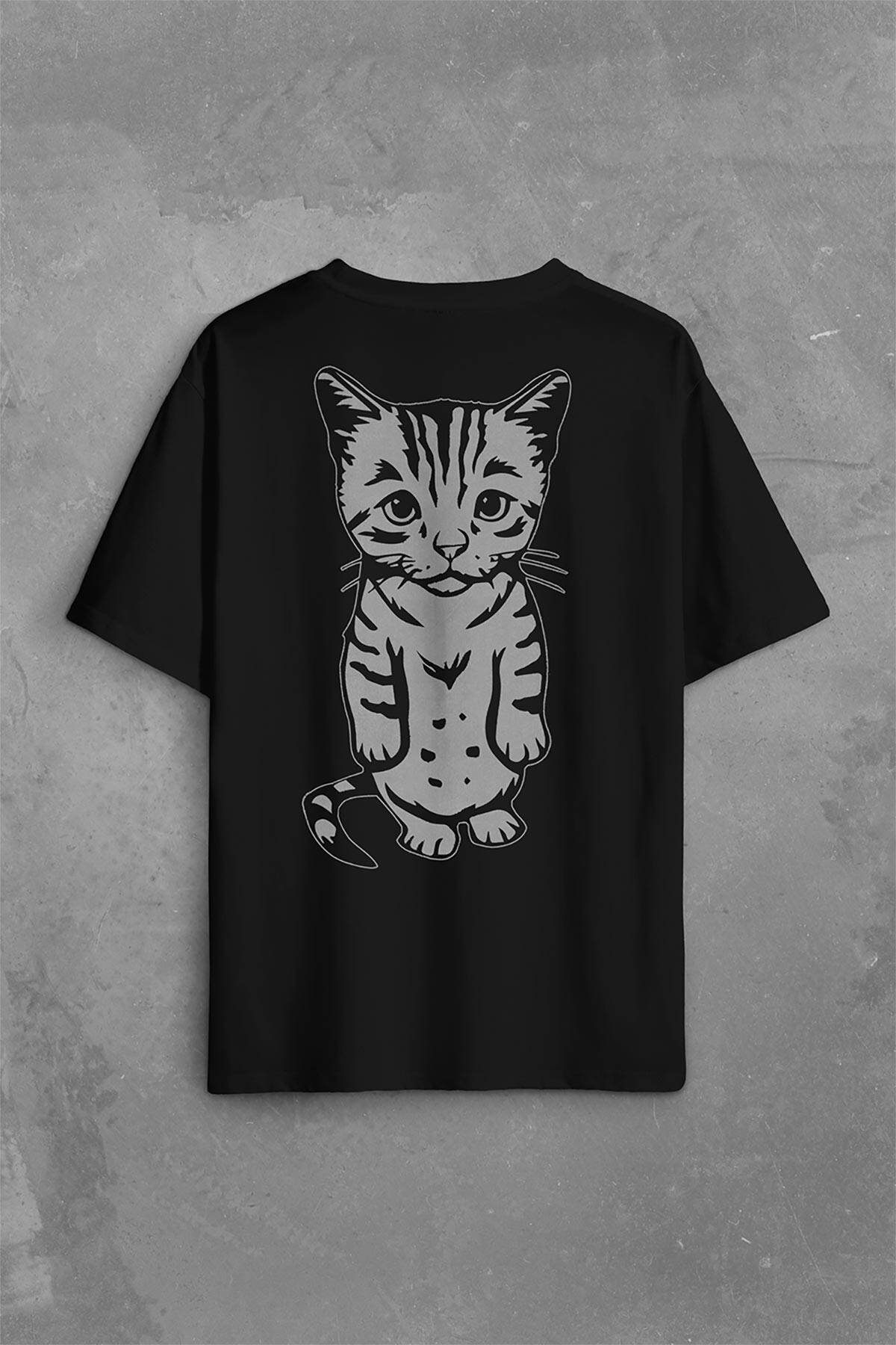 Sevimli Minik Patili Bıyıklı Cat Minnoş Mahçup Üzgün Kedi Sırt Ön Baskılı Oversize Tişört Unisex