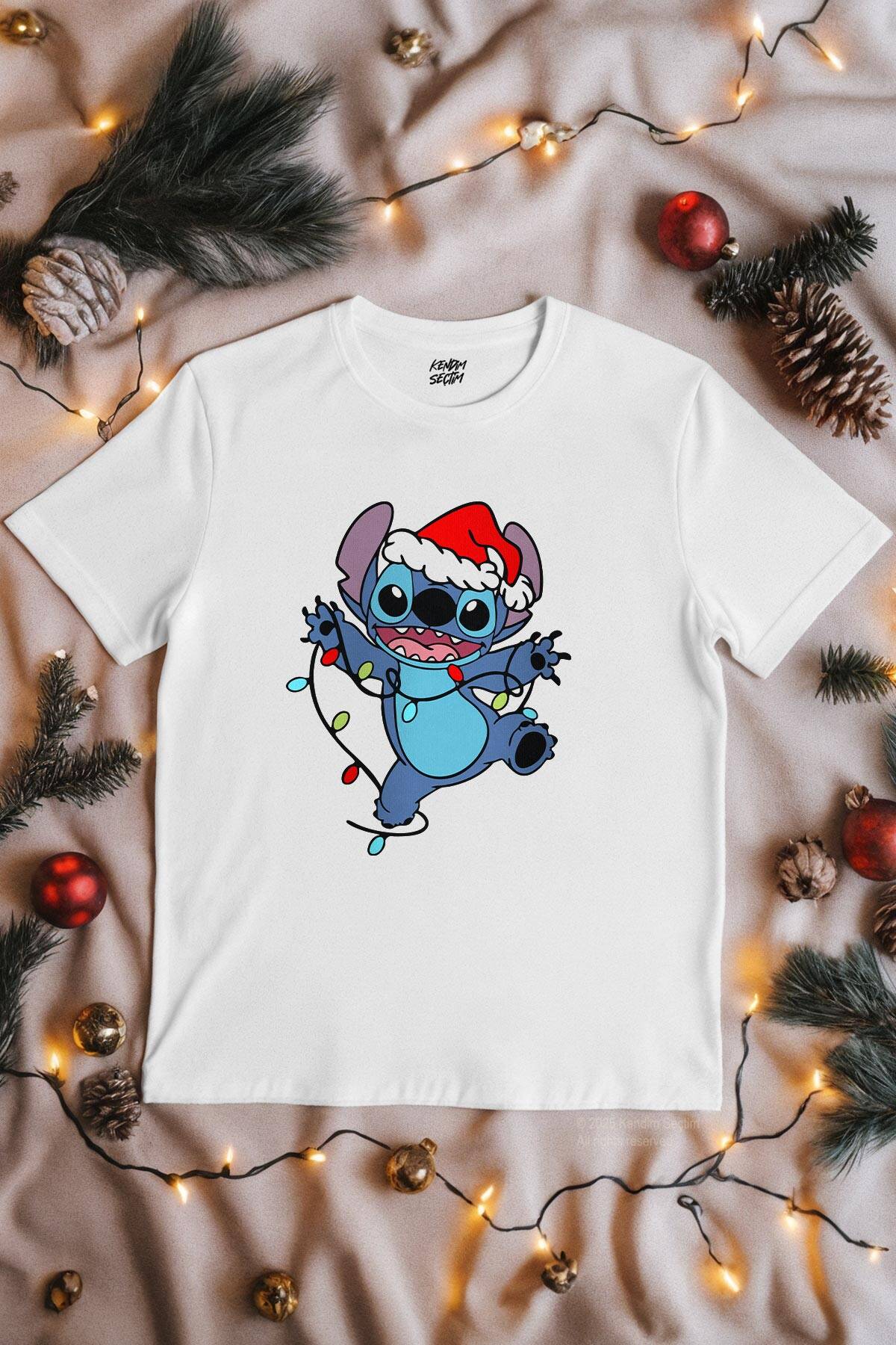 Sevimli Noel Christmas Yılbaşı Yeni Yıl Stitch New Year Baskılı Beyaz Tişört - 1