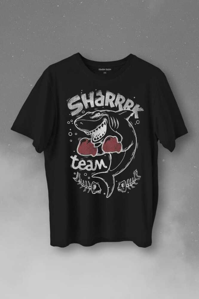 Shark Team Köpek Balığı Boks Fight Dövüşü Baskılı Siyah Tişört Unisex