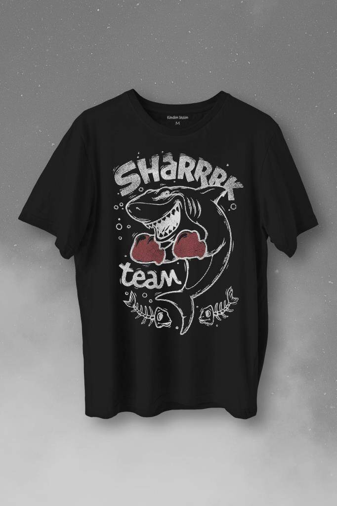 Shark Team Köpek Balığı Boks Fight Dövüşü Baskılı Siyah Tişört Unisex