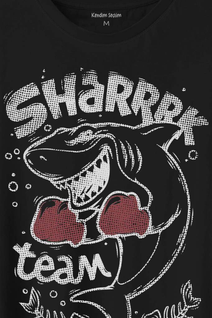Shark Team Köpek Balığı Boks Fight Dövüşü Baskılı Siyah Tişört Unisex (1)