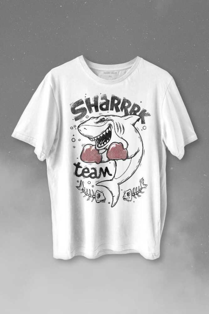 Shark Team Köpek Balığı Boks Fight Dövüşü Baskılı Beyaz Tişört Unisex