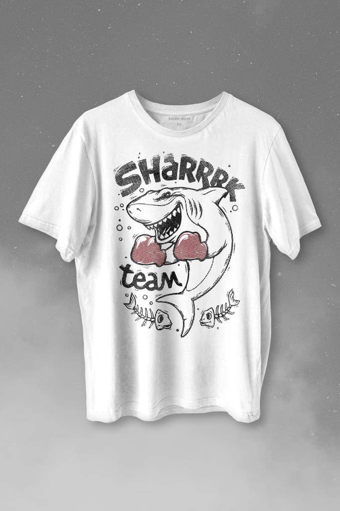 Shark Team Köpek Balığı Boks Fight Dövüşü Baskılı Beyaz Tişört Unisex