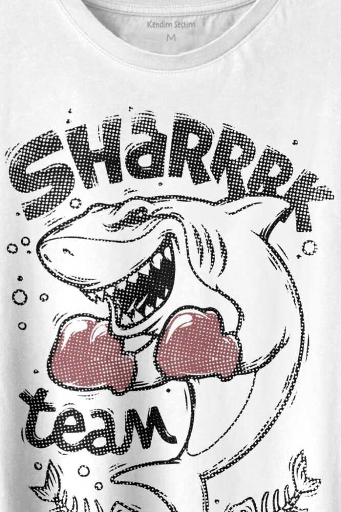 Shark Team Köpek Balığı Boks Fight Dövüşü Baskılı Beyaz Tişört Unisex (1)