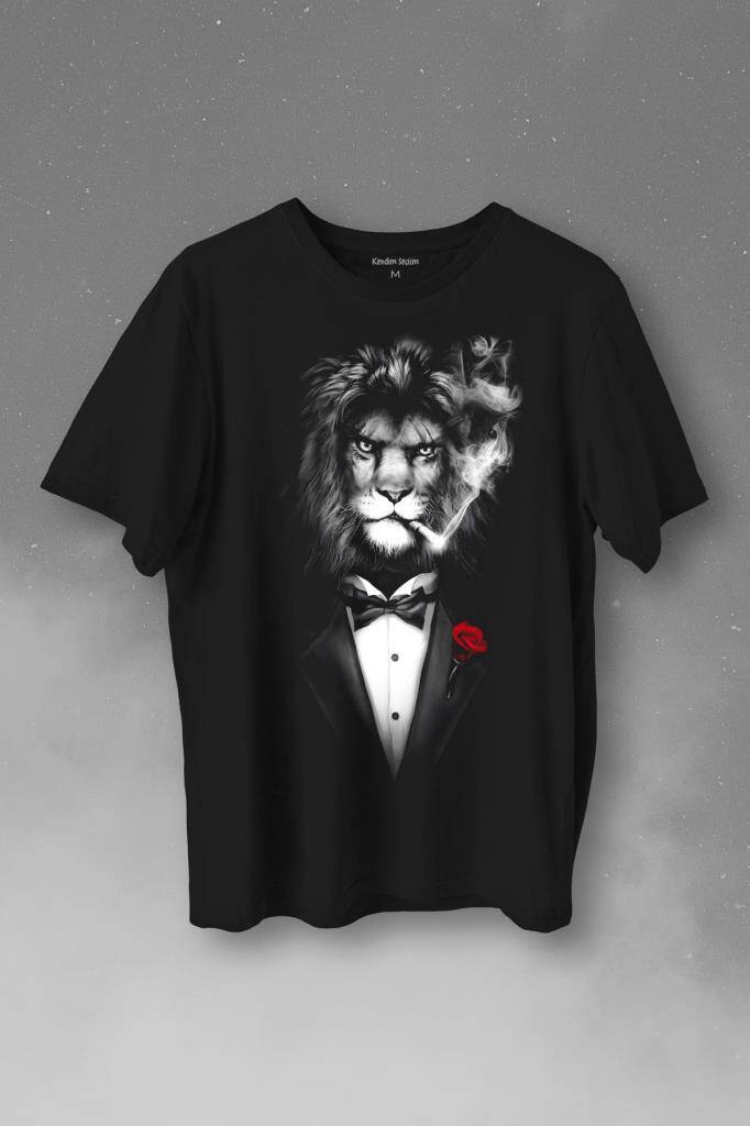 Sigara İçen King Suit Aslan Kafası Baskılı Tişört Unisex
