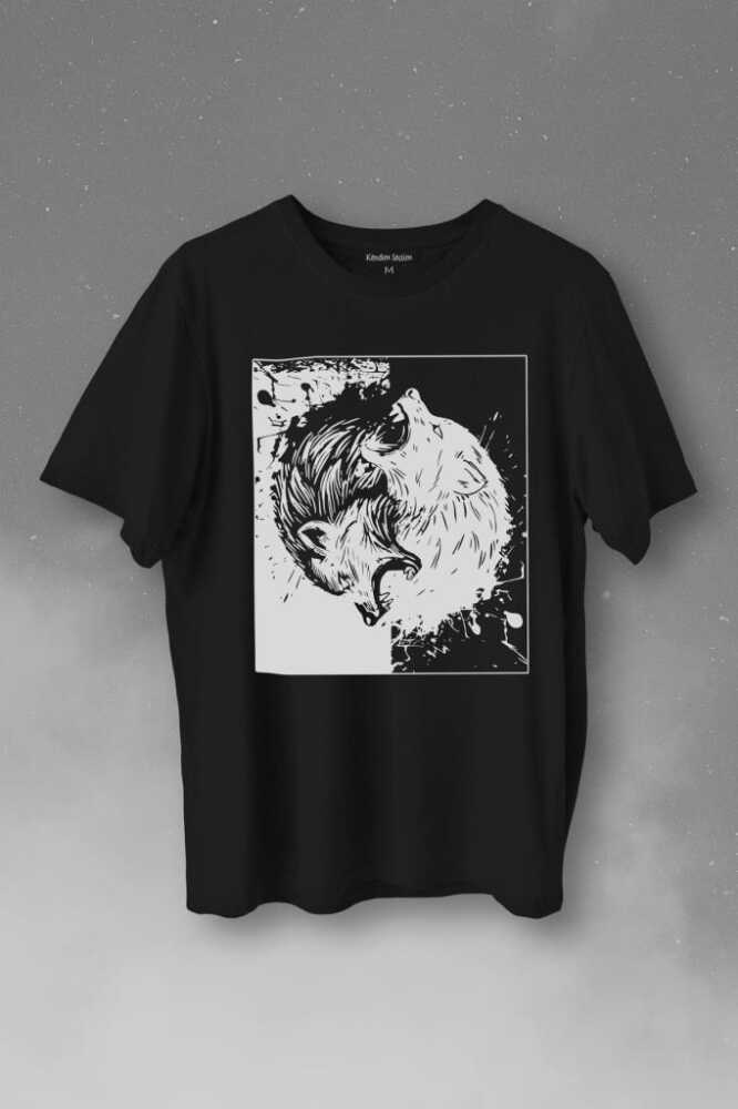 Siyah Beyaz Yin Yang İyilik Kötülük Asil Kurt Bozkurt Baskılı Siyah Tişört Unisex
