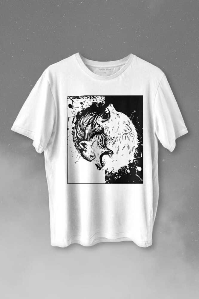 Siyah Beyaz Yin Yang İyilik Kötülük Asil Kurt Bozkurt Baskılı Beyaz Tişört Unisex