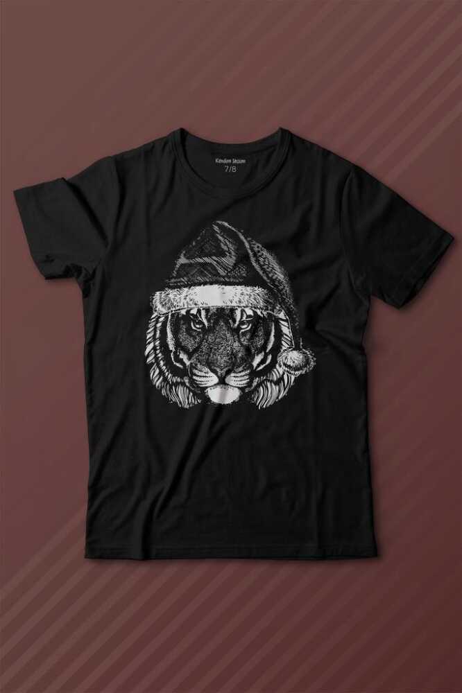 Siyah Çocuk Kısa Kollu Tişört Noel Şapkalı Kaplan Tiger Wild Cat Yılbaşı Christmas