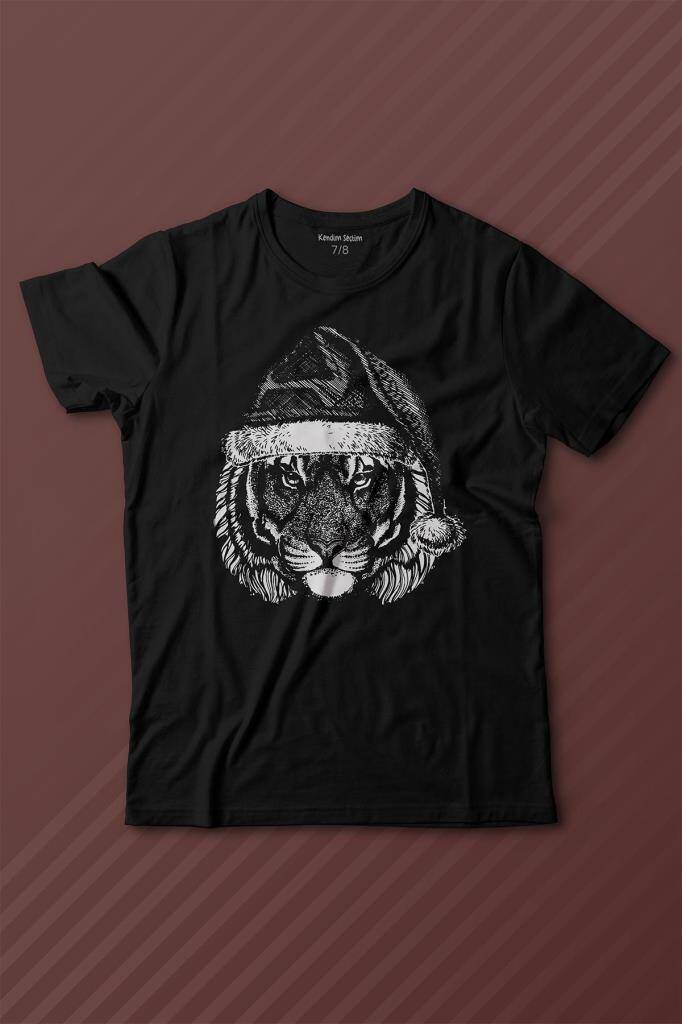 Siyah Çocuk Kısa Kollu Tişört Noel Şapkalı Kaplan Tiger Wild Cat Yılbaşı Christmas - 1