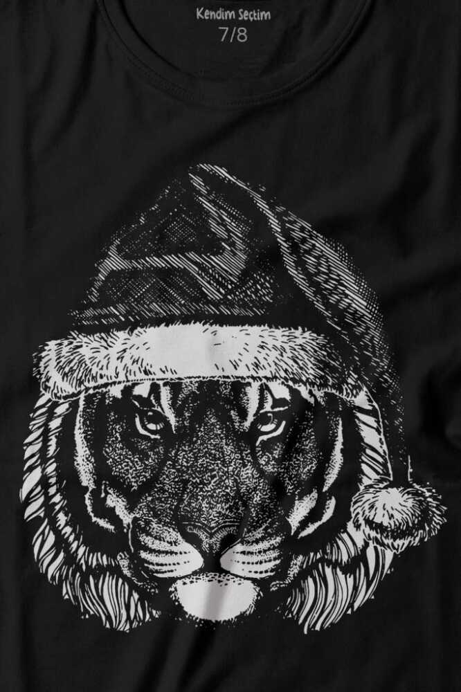 Siyah Çocuk Kısa Kollu Tişört Noel Şapkalı Kaplan Tiger Wild Cat Yılbaşı Christmas (1)