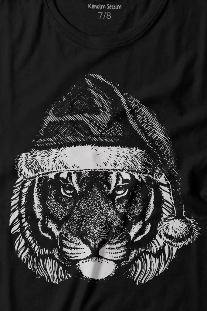 Siyah Çocuk Kısa Kollu Tişört Noel Şapkalı Kaplan Tiger Wild Cat Yılbaşı Christmas - 2