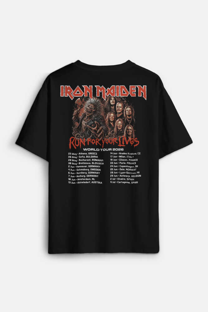 Siyah Iron Maiden Metal Music Tour Baskılı Oversize Tişört