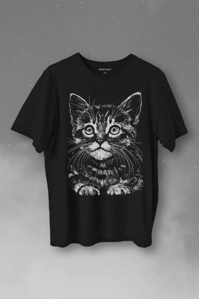 Siyah Kedi Black Cat Çizim Baskılı Siyah Tişört Unisex