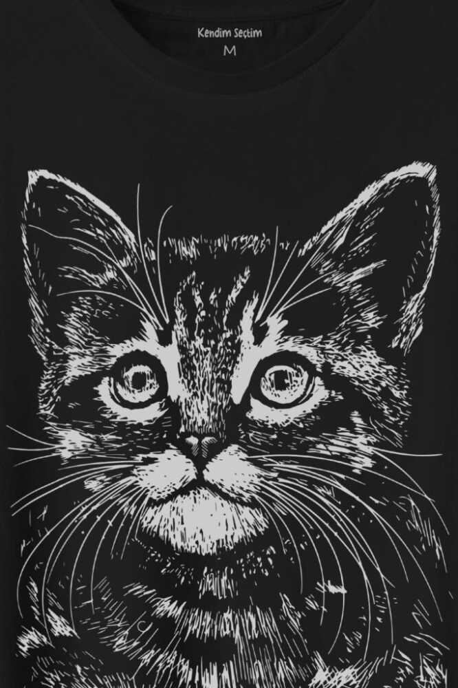 Siyah Kedi Black Cat Çizim Baskılı Siyah Tişört Unisex (1)