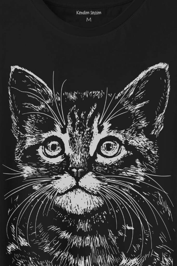 Siyah Kedi Black Cat Çizim Baskılı Siyah Tişört Unisex (1)