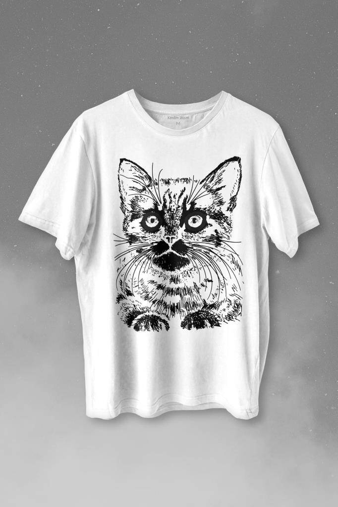 Siyah Kedi Black Cat Çizim Baskılı Beyaz Tişört Unisex