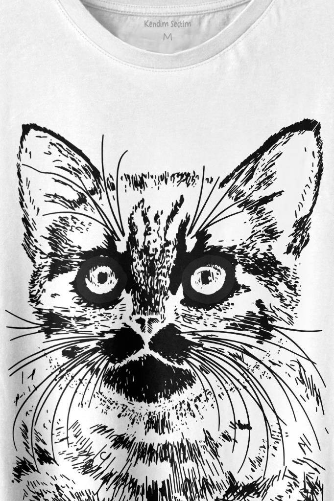 Siyah Kedi Black Cat Çizim Baskılı Beyaz Tişört Unisex (1)