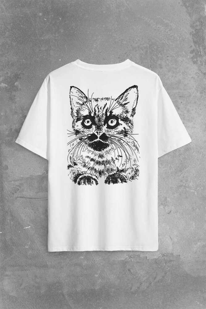 Siyah Kedi Black Cat Siluet Çizim Sırt Ön Baskılı Beyaz Oversize Tişört Unisex