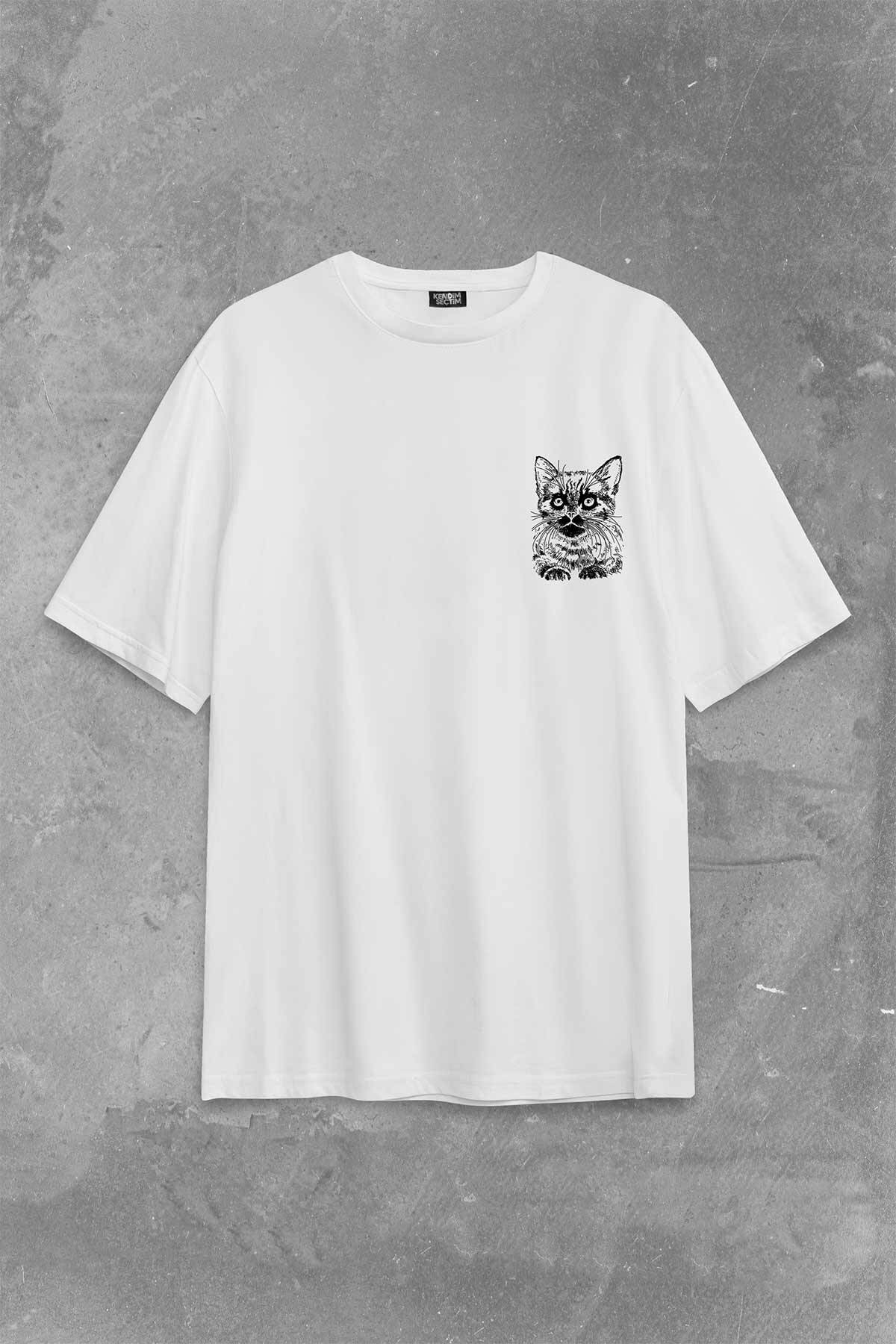 Siyah Kedi Black Cat Siluet Çizim Sırt Ön Baskılı Beyaz Oversize Tişört Unisex (1)
