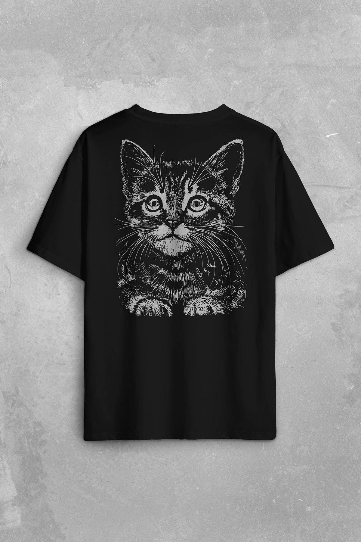 Siyah Kedi Black Cat Siluet Çizim Sırt Ön Baskılı Siyah Oversize Tişört Unisex