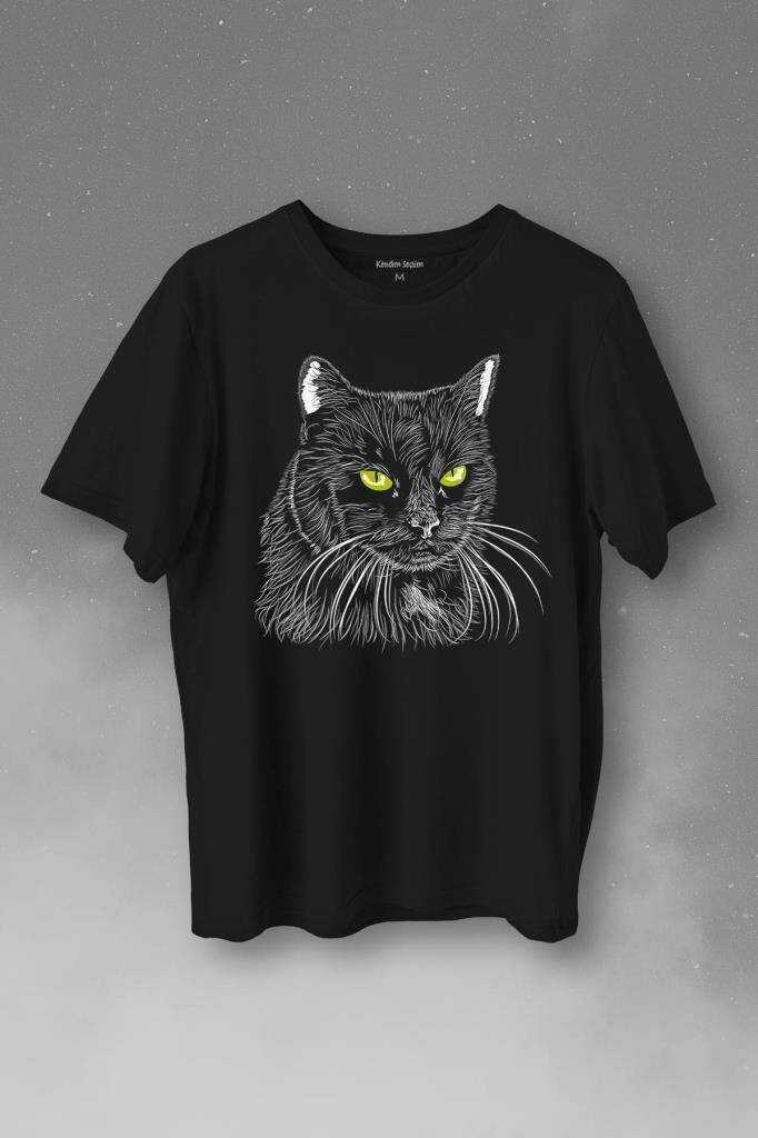 Siyah Kedi Yeşil Gözlü Black Cat Çizim Baskılı Tişört Unisex