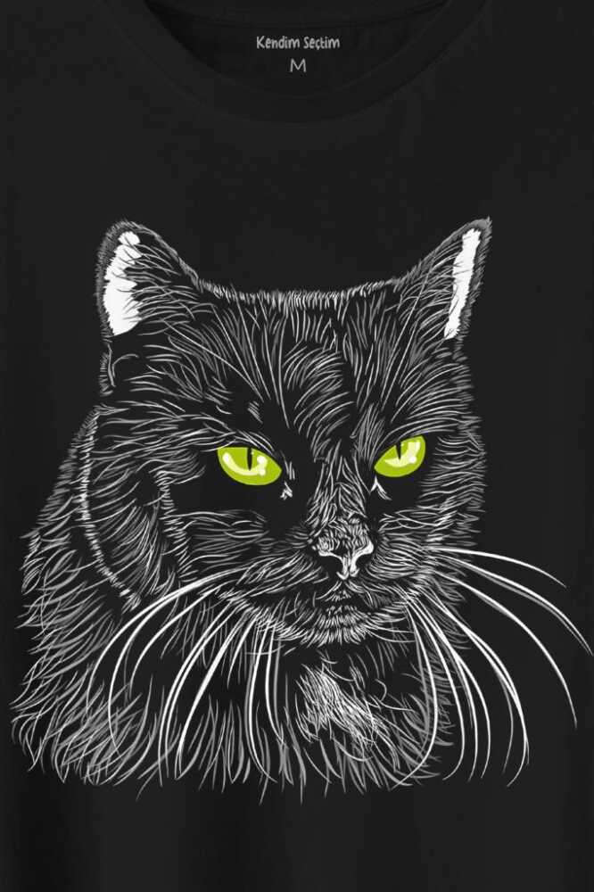Siyah Kedi Yeşil Gözlü Black Cat Çizim Baskılı Tişört Unisex (1)