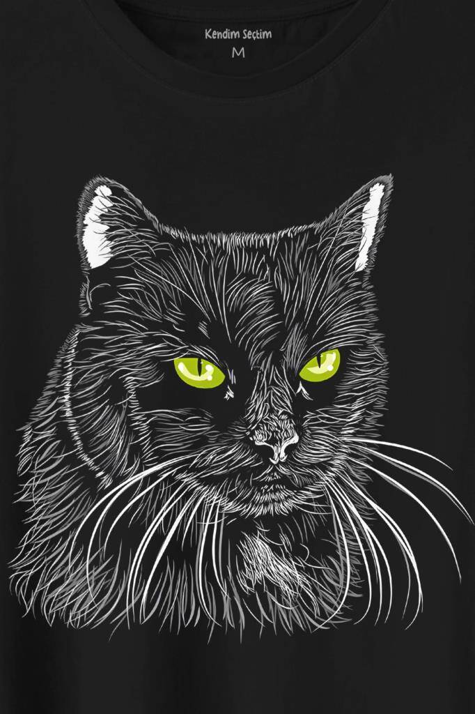 Siyah Kedi Yeşil Gözlü Black Cat Çizim Baskılı Tişört Unisex (1)