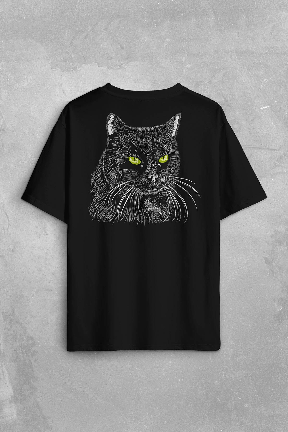 Siyah Kedi Yeşil Gözlü Black Cat Çizim Sırt Ön Baskılı Oversize Tişört Unisex