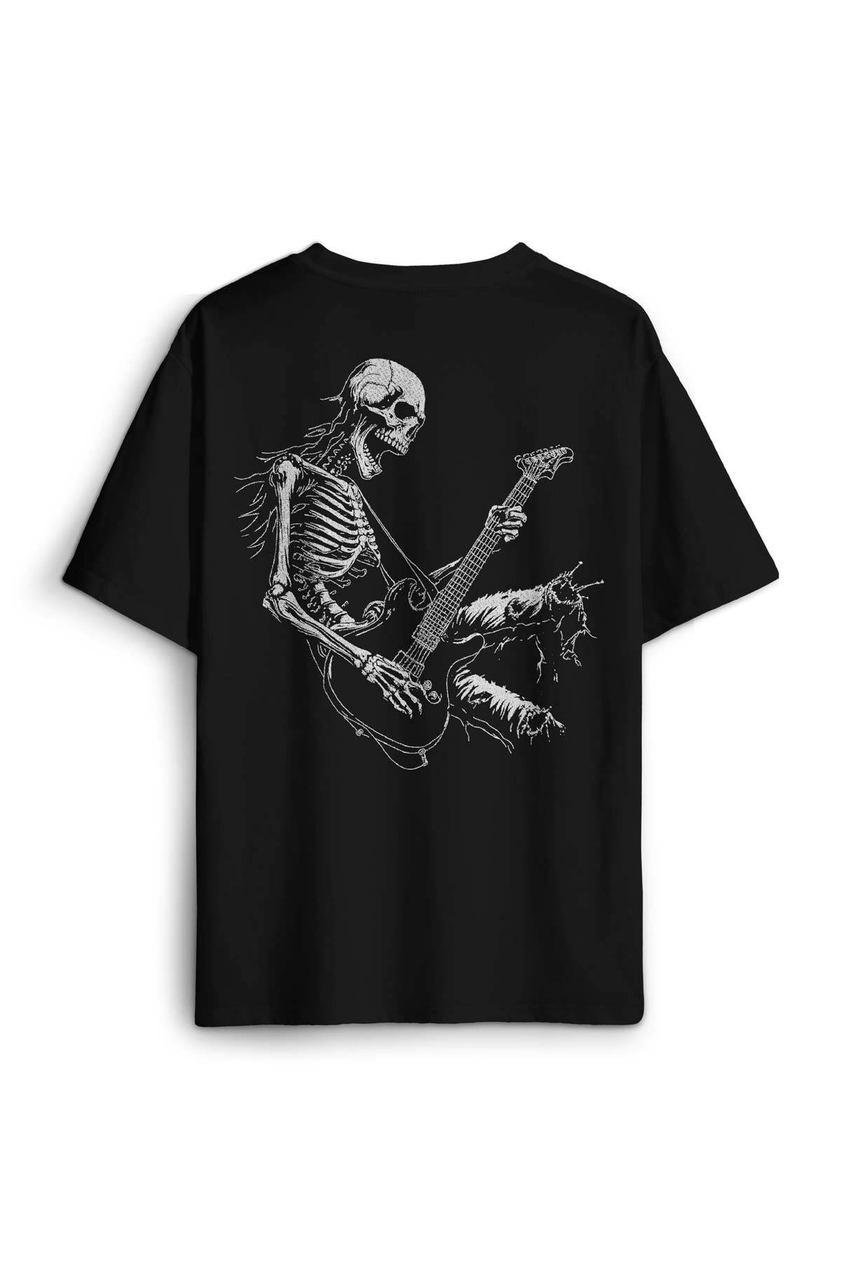 Siyah Oversize Skeleton Playing Guitar Heavy Metal Skull İskelet Gitar Baskılı Unisex T-shirt