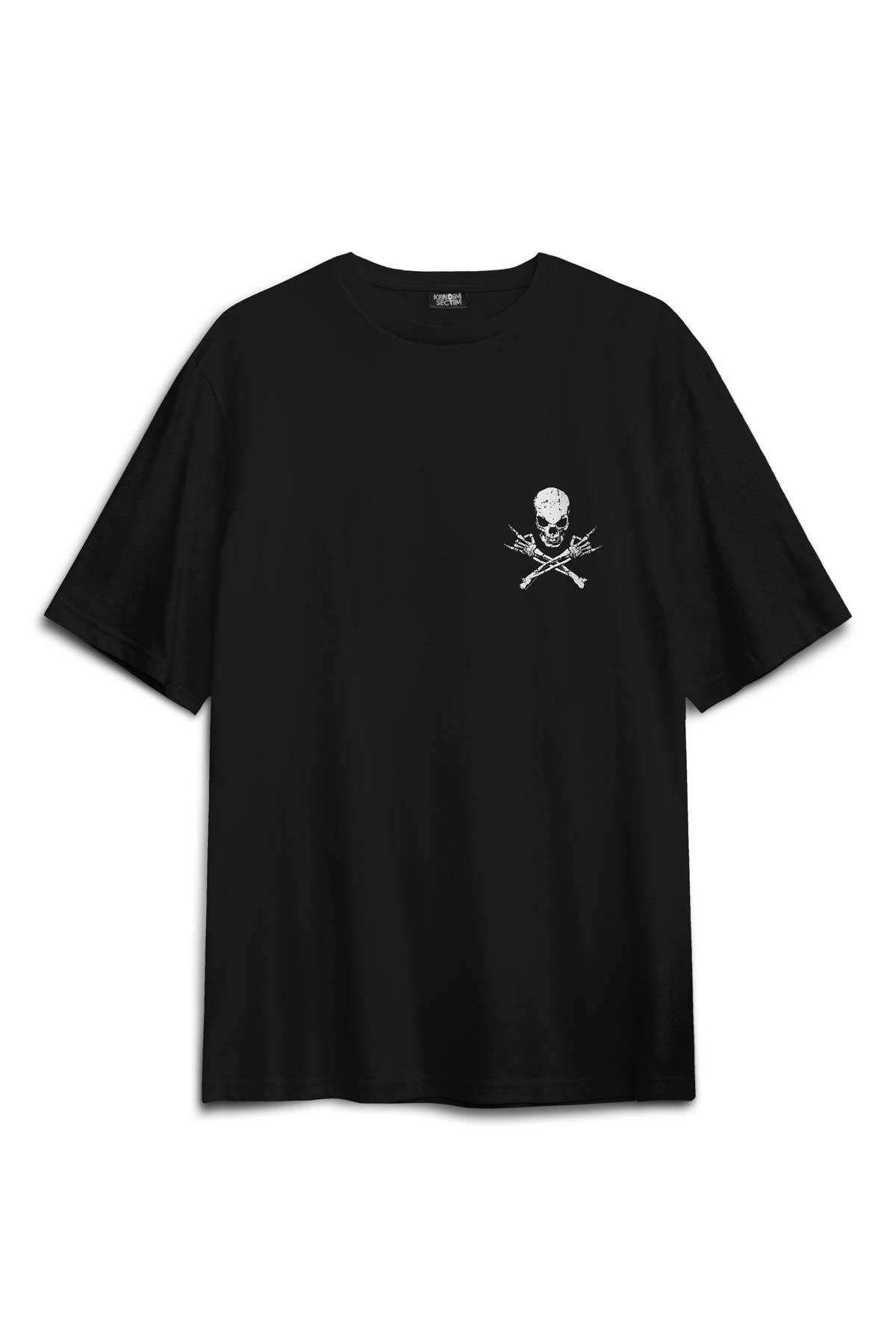 Siyah Oversize Skeleton Playing Guitar Heavy Metal Skull İskelet Gitar Baskılı Unisex T-shirt (1)