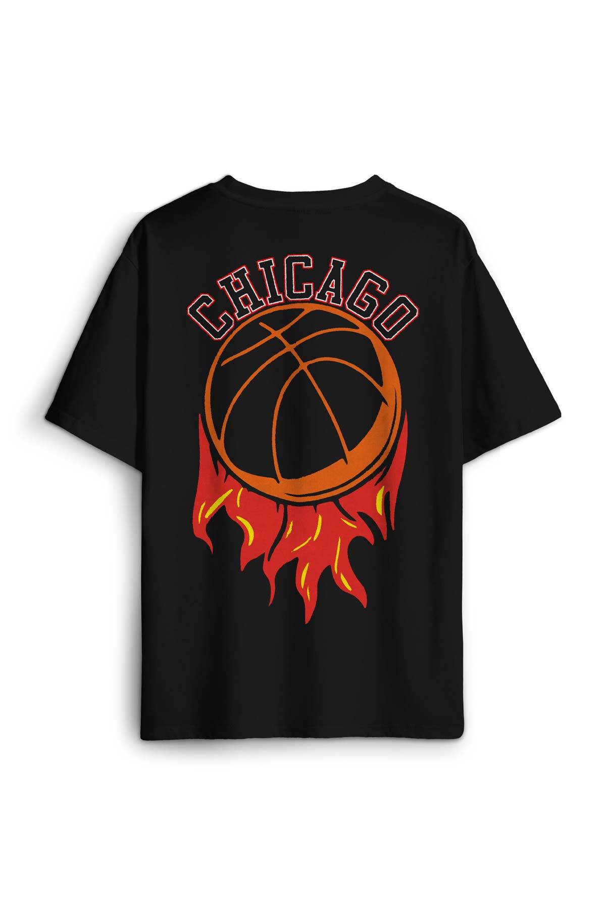 Basketbol Spor Basketball Chicago Yazı Sırt Ön Baskılı Siyah Unisex Oversize Tişört
