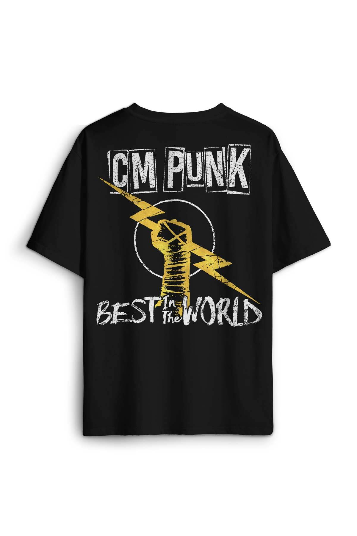 Siyah Oversize Tişört Best In The World Cm Punk Karma Dövüş Gym Spor Sırt Ön Baskılı Unisex