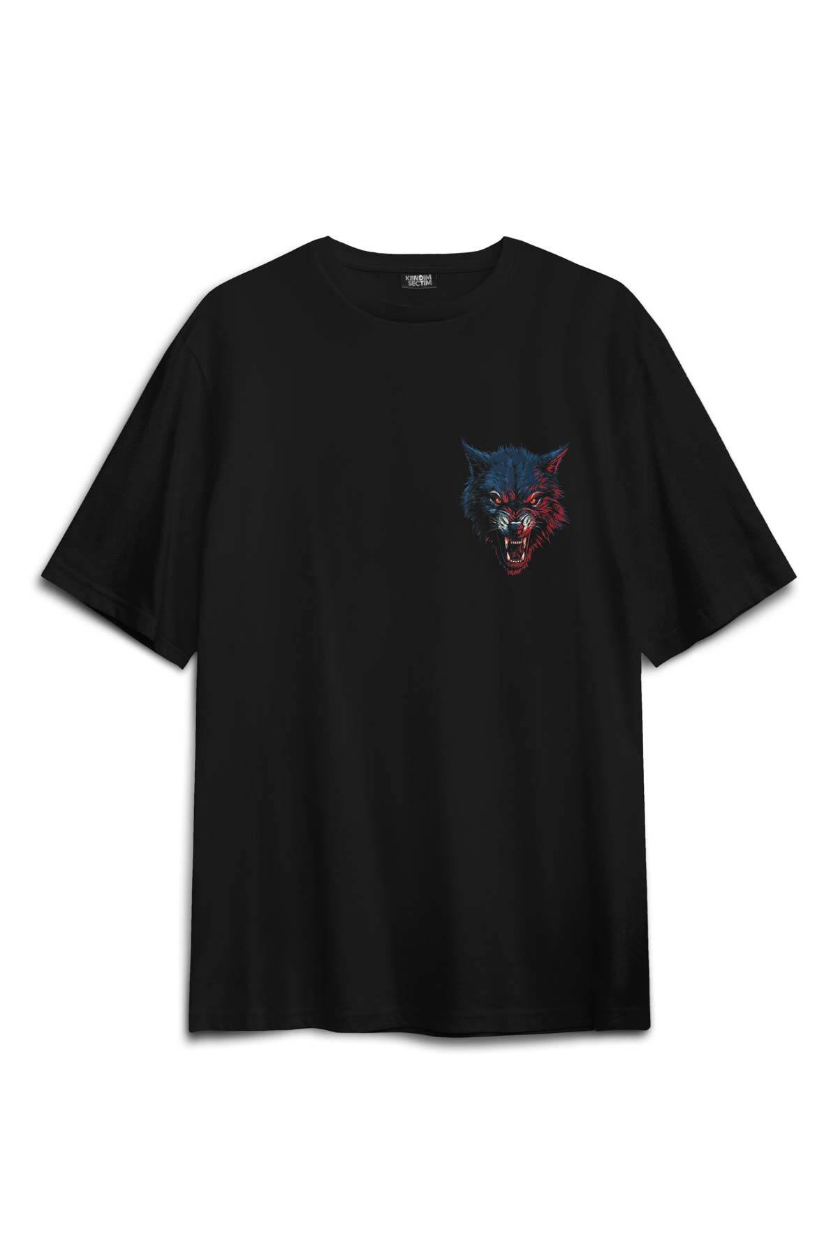 Bordo Mavi Kurt Wolf Red Blue Sırt Ön Baskılı Siyah Oversize Tişört Unisex