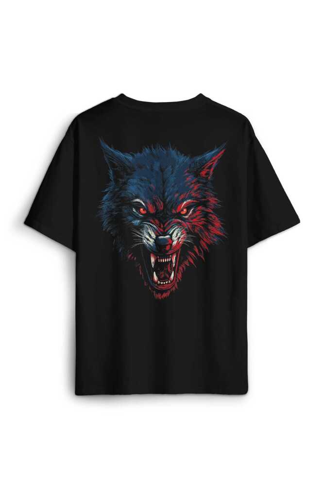 Bordo Mavi Kurt Wolf Red Blue Sırt Ön Baskılı Siyah Oversize Tişört Unisex (1)