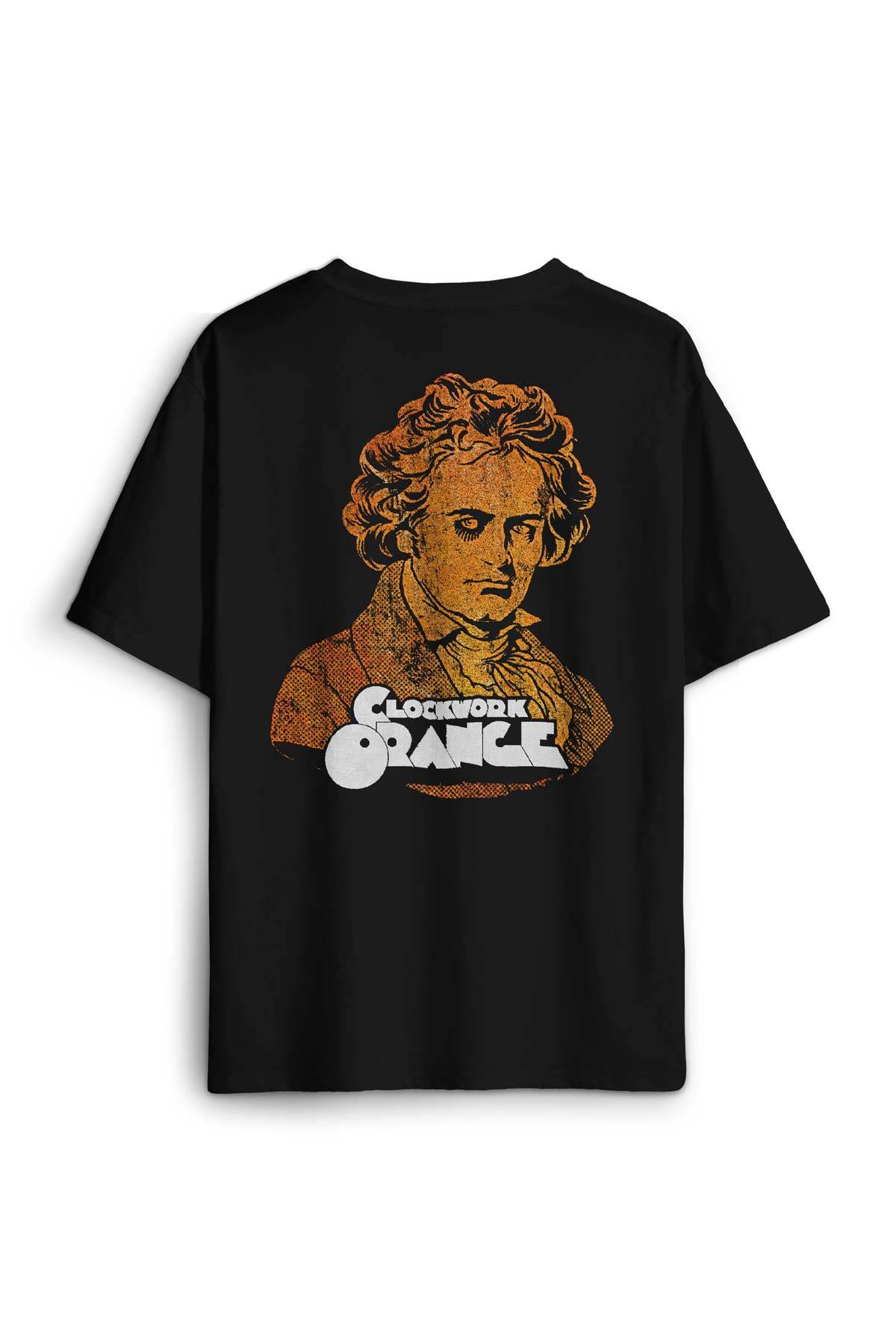 Siyah Oversize Tişört Clockwork Orange Otomatik Portakal Kitap Film Sırt Ön Baskılı Unisex (1)