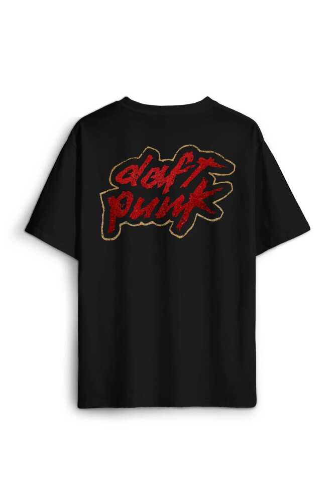 Daft Punk Logo Homework Albüm Müzik Sırt Ön Baskılı Siyah Oversize Tişört Unisex