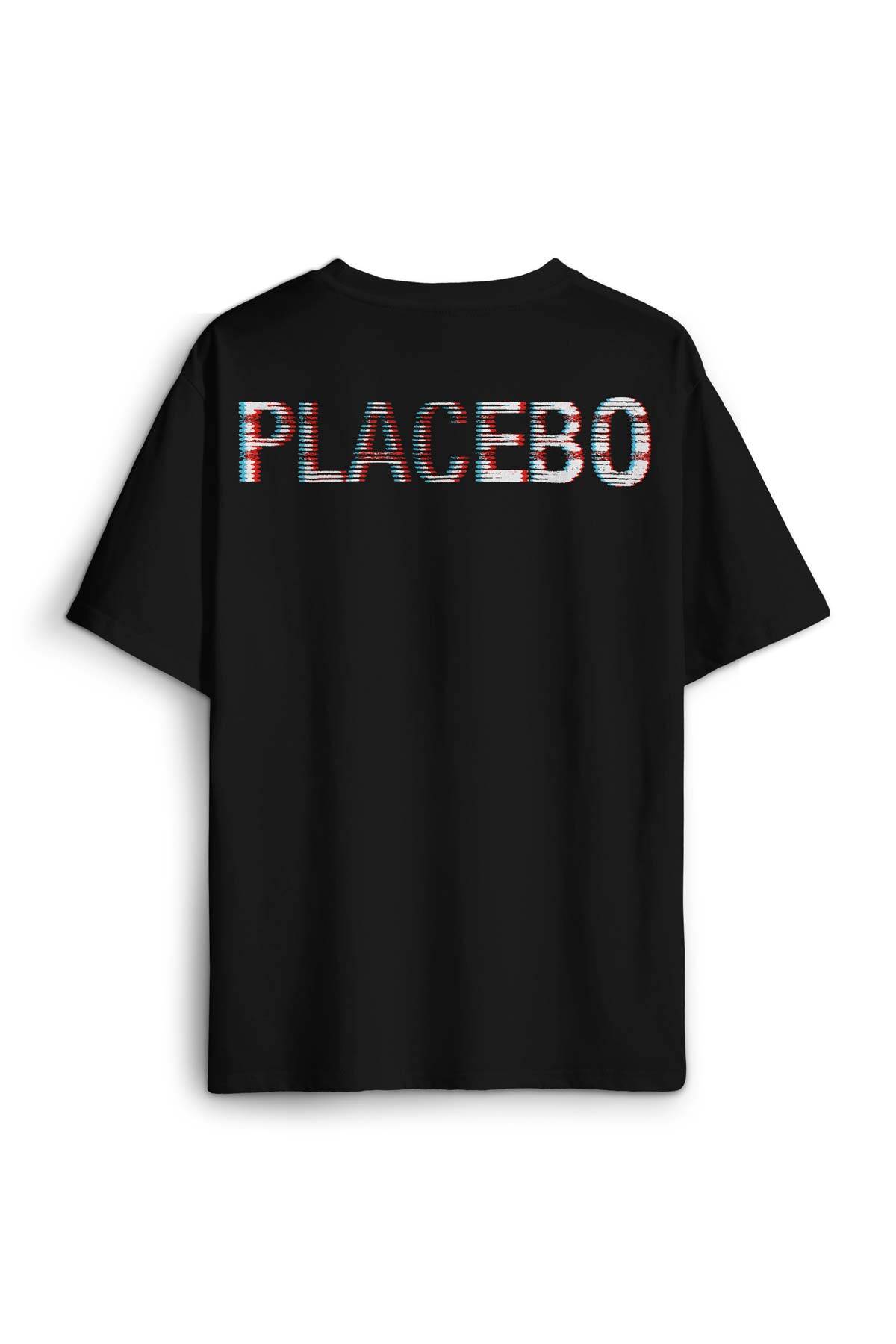 Siyah Oversize Tişört Glitch Placebo Music Molko Rock Müzik Beyaz Sırt Ön Baskılı Unisex T-shirt