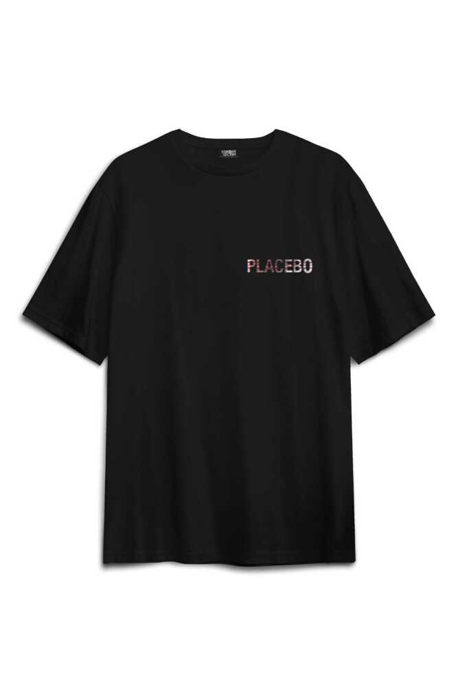 Siyah Oversize Tişört Glitch Placebo Music Molko Rock Müzik Beyaz Sırt Ön Baskılı Unisex T-shirt (1)