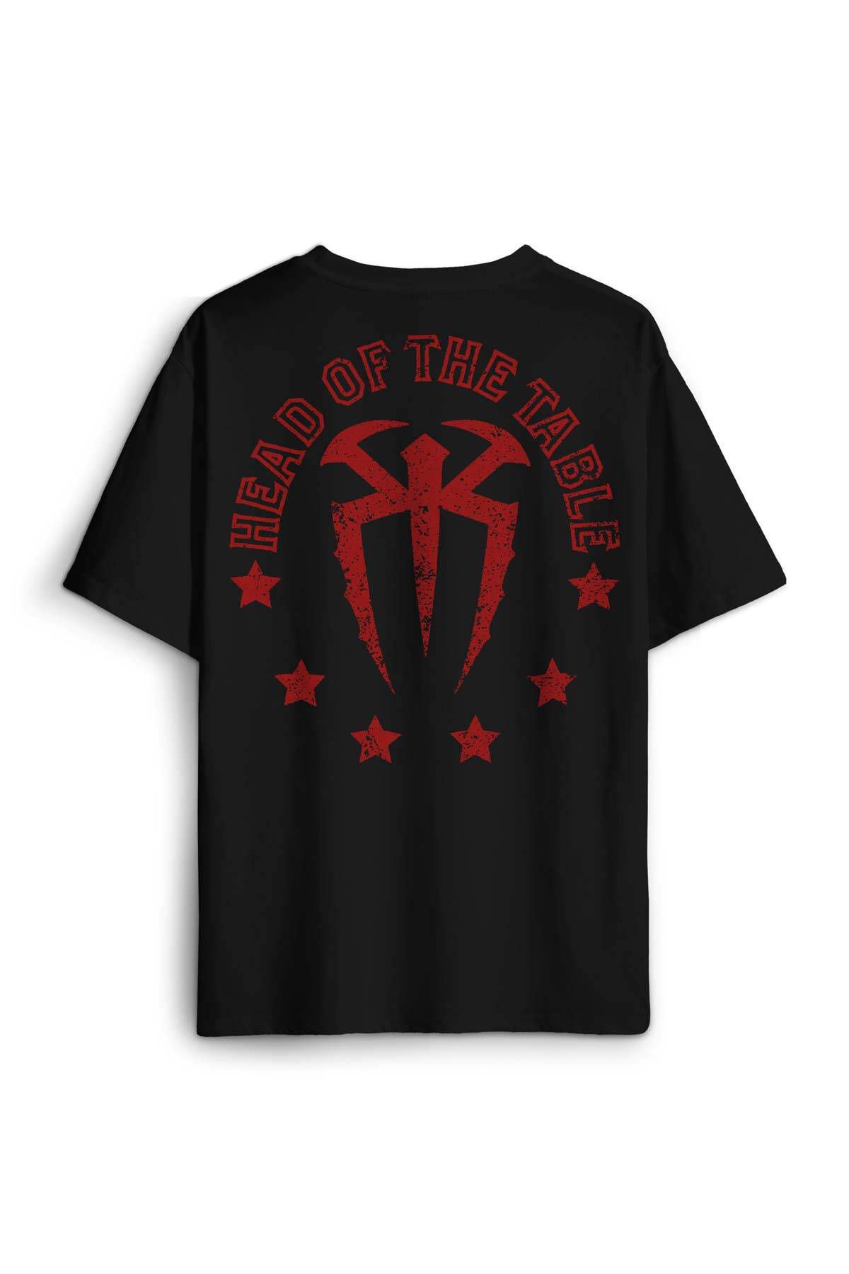 Siyah Oversize Tişört Head Of The Table Roman Reigns Spor Gym Sırt Ön Baskılı Unisex